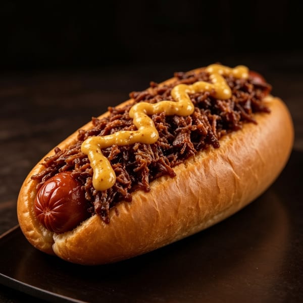 A hot dog in a bun topped with shredded meat and drizzled with yellow mustard.