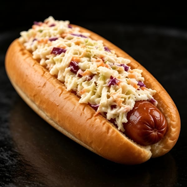 Hot dog in a bun topped with creamy coleslaw, featuring shredded cabbage and carrots.