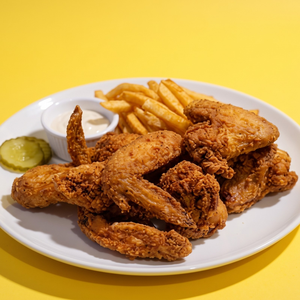 Plate of crispy fried chicken wings and tenders with fries, dipping sauce, and pickle slices on a yellow background.