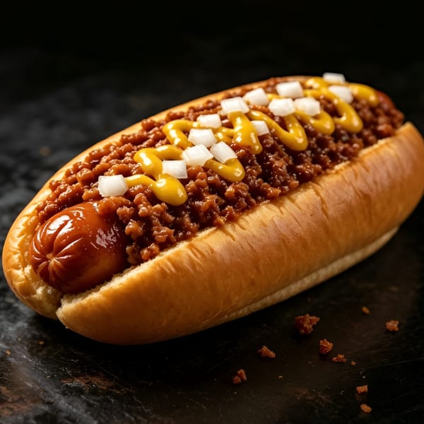 Chili dog with mustard and diced onions on a dark surface.