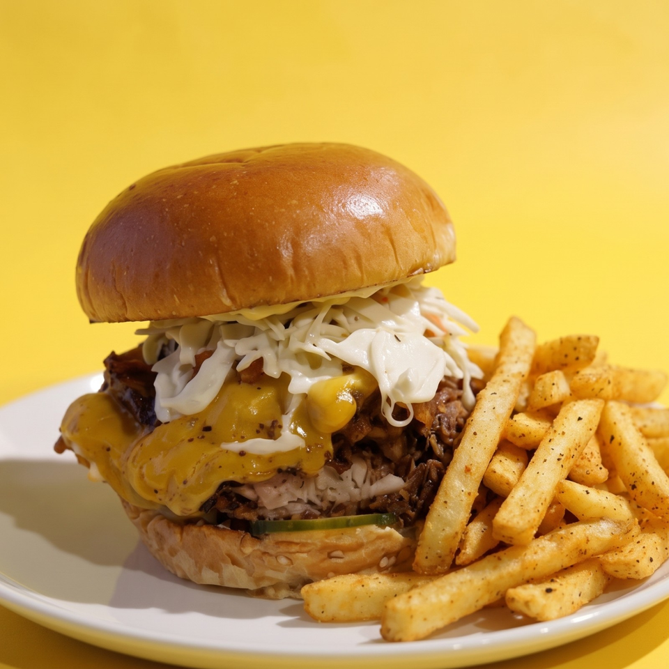 Loaded cheeseburger with melted cheese, shredded cabbage, and sauce served alongside seasoned fries on a white plate.