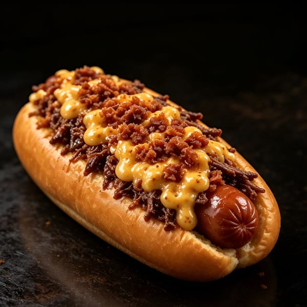 A hot dog in a bun, topped with chili, melted cheese, and crispy bacon bits.