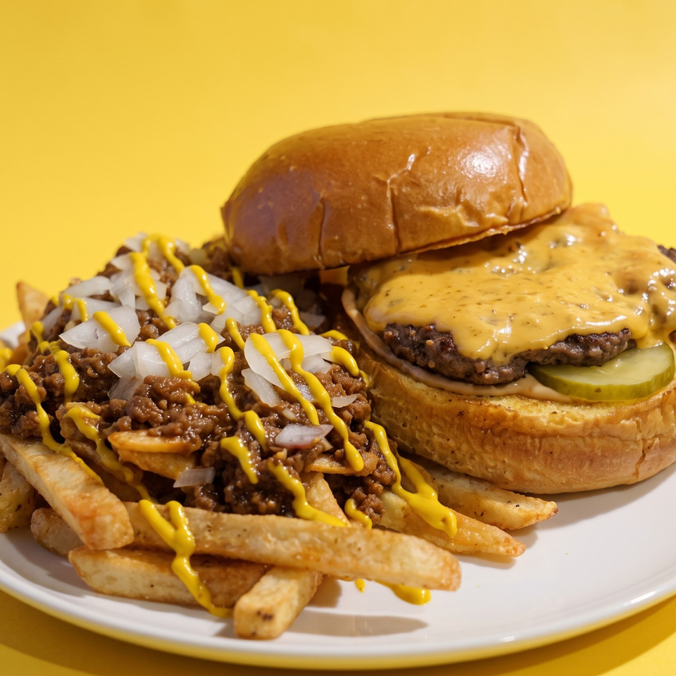 Cheeseburger with pickles beside chili-cheese fries topped with onions and mustard on a white plate.