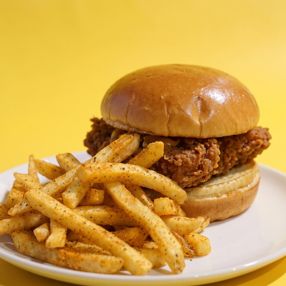 Crispy fried chicken sandwich on a toasted bun served with seasoned French fries on a white plate.