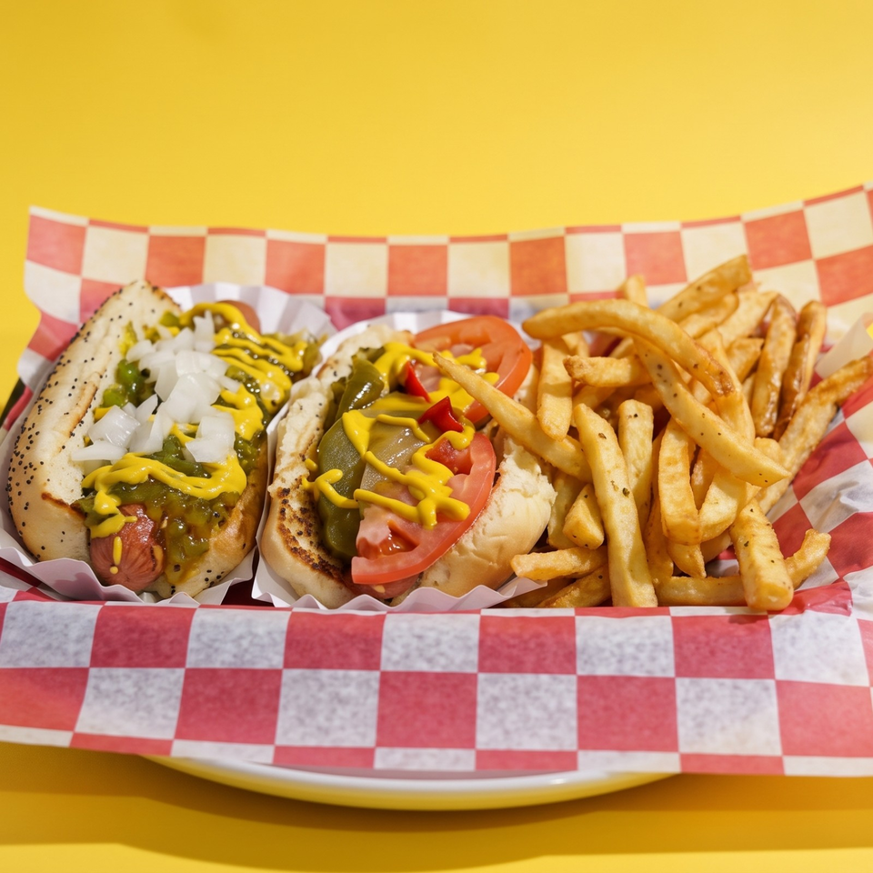 Two hot dogs topped with mustard, onions, relish, and tomatoes served with golden fries on red-and-white checkered paper.