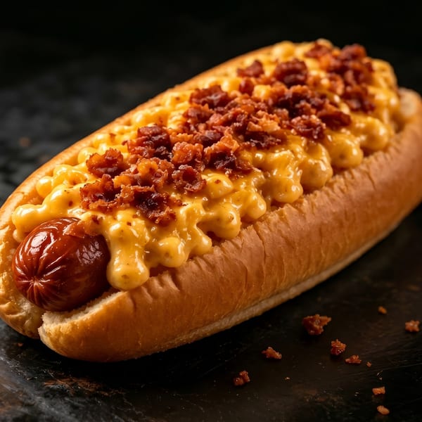 Hot dog in a bun topped with creamy mac and cheese and crispy bacon bits.