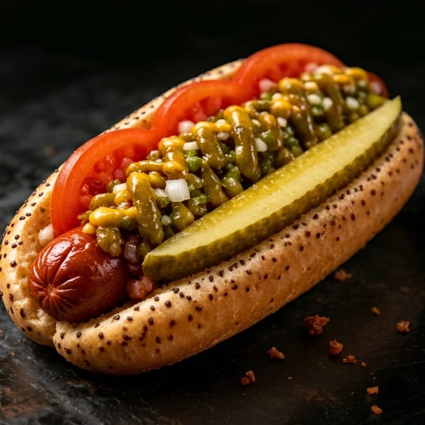 A hot dog in a poppy seed bun, topped with relish, diced onions, tomato slices, and a pickle spear.