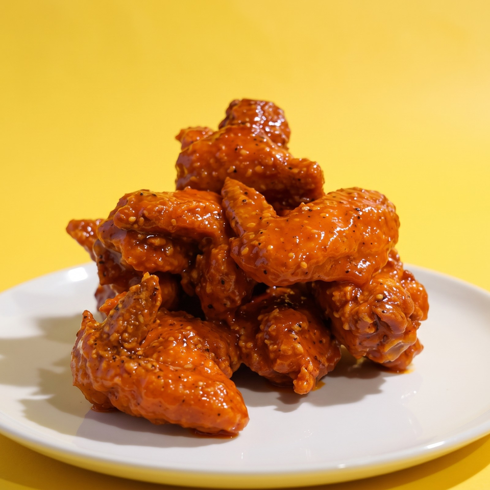 Pile of glossy, sesame-speckled orange-glazed chicken wings arranged on a white plate against a yellow background.